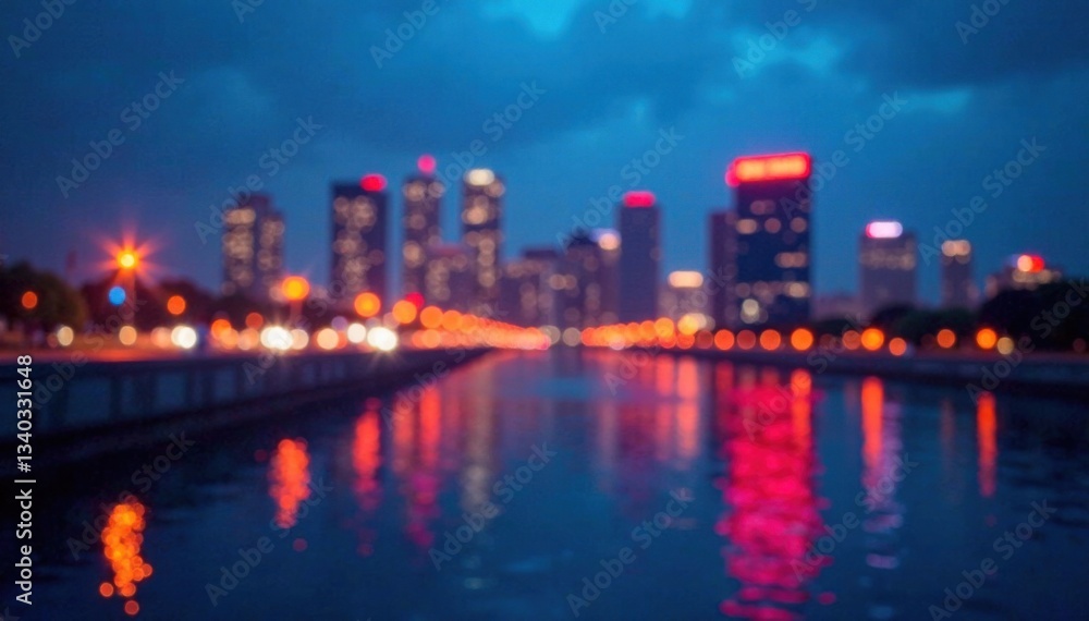Naklejka premium Cityscape at dusk with abstract circular lights blending into a vibrant blue background, city glow, abstract bokeh