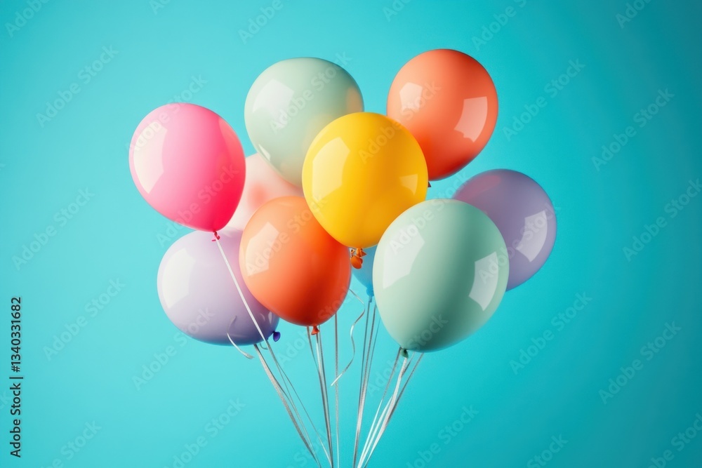 A playful 3D-rendered floating balloon arrangement, dynamic movement, cheerful pastel color palette. A playful 3D-rendered floating balloon arrangement, dynamic movement, cheerful pastel color palette.