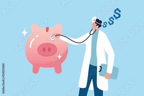 Financial check up, debt, budgeting, investment or saving analysis, wealth planning or money health check, risk or wealth preservation concept, doctor with stethoscope checking piggy bank saving.