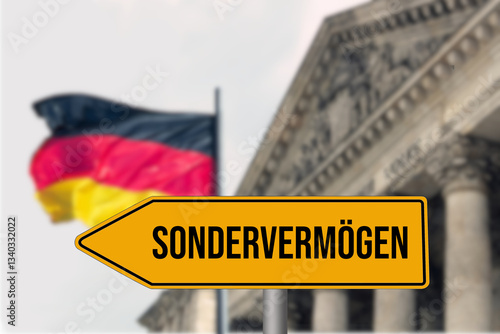 Konstfotografi Deutsche Flagge, Reichstaggebäude in Berlin und Schild Sondervermögen