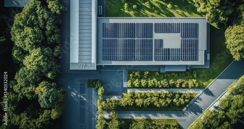 Aerial view of a large-scale data center powered by sustainable energy with solar panels on the roof, surrounded by greenery. Industry and sustainability background concept	