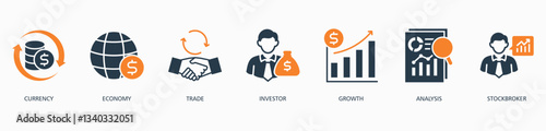 Forex banner web icon vector illustration concept with icon of currency, economy, trade, investor, growth, analysis and stockbroker 
 