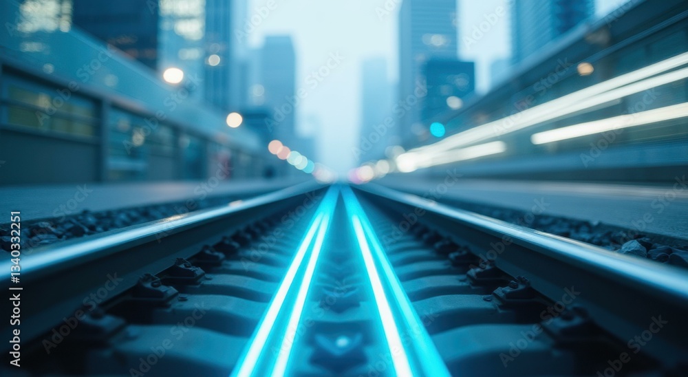 Fototapeta premium Futuristic train speeding on neon tracks urban cityscape dynamic view