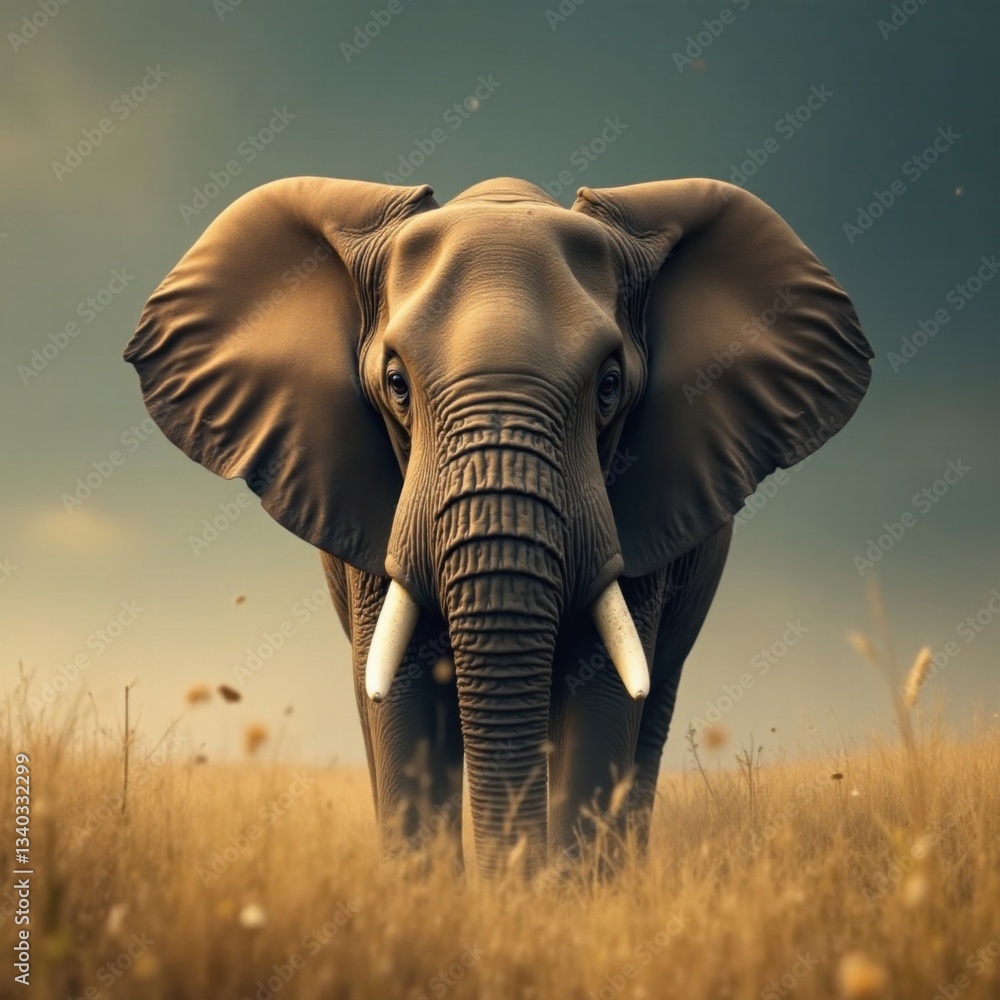 Obraz premium Close-up of an African elephant's face with its trunk and tusks peeking out from the mist, Wildlife Portrait, Elephant Face