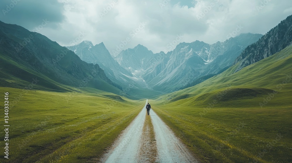 Naklejka premium Adventurous hiker walking on a vast mountain path majestic landscape tranquil environment inspirational view