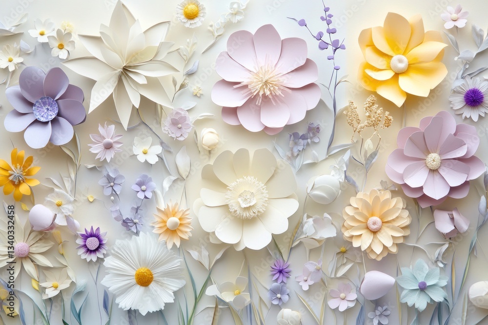Paper-crafted wildflowers arranged in a growing organic pattern, whimsical, soft color transitions, high-detail photography. Paper-crafted wildflowers arranged in a growing organic pattern, whimsical, soft color transitions, high-detail photography.