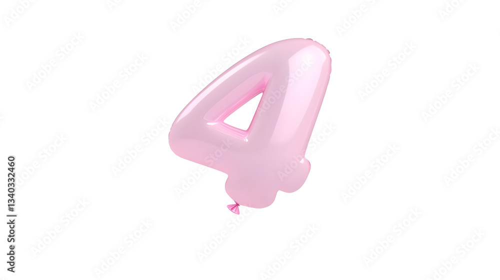 Obraz premium A shiny metallic pink foil balloon in the shape of the number 4 floating against a transparent background with 3D highlights and shadows