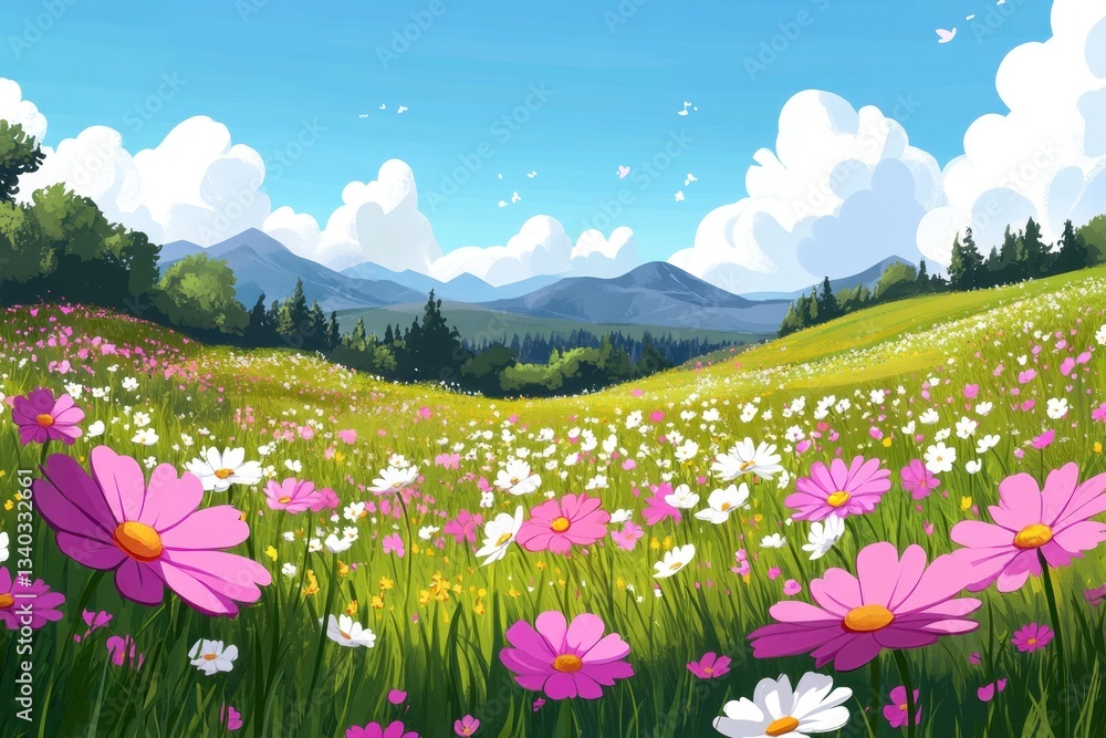 Obraz premium Vibrant floral meadow under a serene blue sky with fluffy clouds and distant mountains creating a peaceful landscape