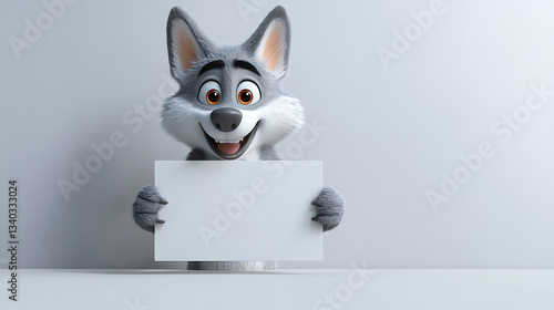 Happy cartoon wolf character holding a blank sign in a minimalist studio setting