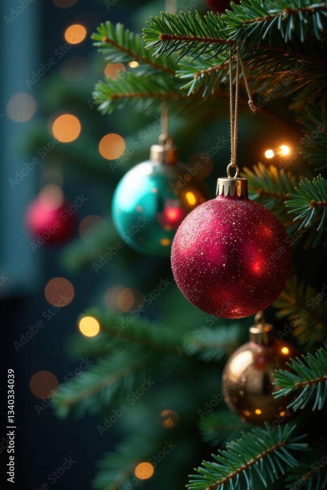 Colorful Christmas balls suspended from a wooden beam, surrounded by evergreen branches and twinkling lights, Christmas, Evergreen Colorful Christmas balls suspended from a wooden beam, surrounded by evergreen branches and twinkling lights, Christmas, Evergreen