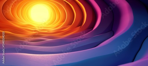 Modern abstract composition featuring a striking yellow and purple spiral on a clean background