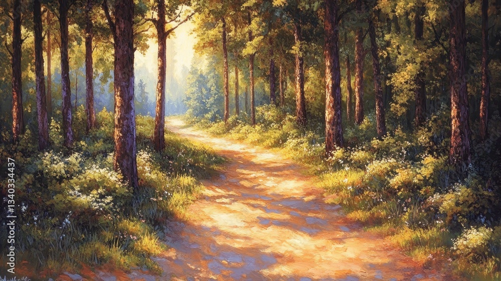 Obraz premium Serene morning walk through lush forest trail tranquil nature digital art vibrant greenery perspective