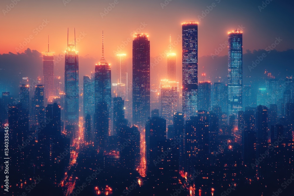 Glowing metropolis at sunrise, misty cityscape background, aerial urban view Glowing metropolis at sunrise, misty cityscape background, aerial urban view