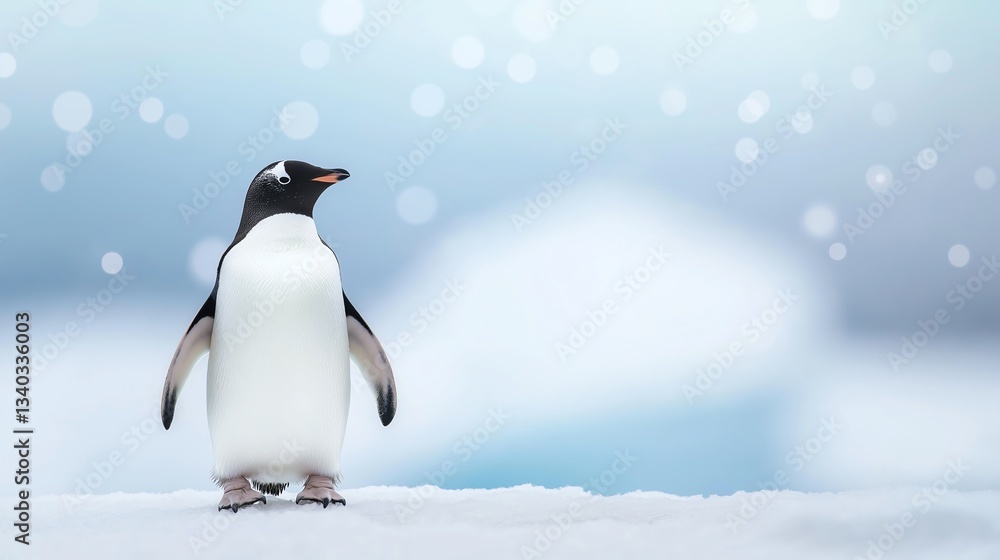 Fototapeta premium A solitary penguin stands on a snow-covered landscape, embodying resilience in a serene and cold environment.
