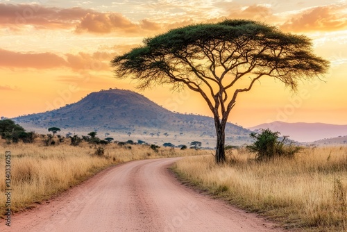 A beautiful tree in the Serengeti, with an acacia on top of it and mountains ...