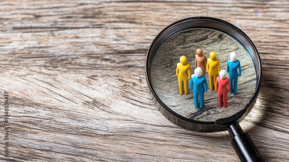 A magnifying glass focuses attention on a diverse group of figurines