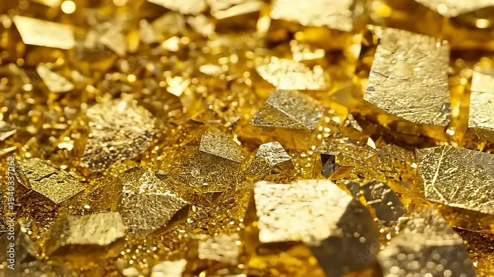 Close-up view of shimmering gold flakes scattered on a surface, highlighting their texture and brilliance Close-up view of shimmering gold flakes scattered on a surface, highlighting their texture and brilliance