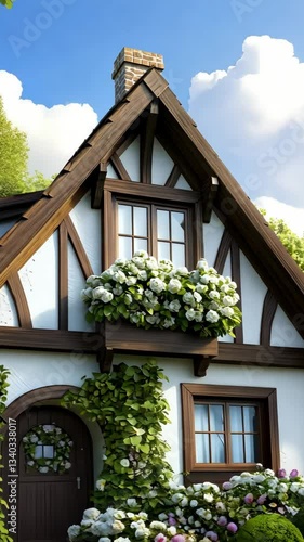 Charming White Cottage with Brown Wooden Beams and Abundant White Flowers