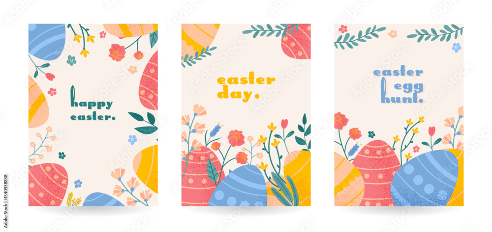 Fototapeta premium Happy Easter poster set. Holiday greeting background with eggs, flowers and leaves. Spring cute vector illustration in pink, yellow, blue colors