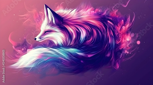 Vibrant digital art of a majestic fox, its fur rendered in swirling shades of purple, pink, and blue, set against a dreamy purple background.