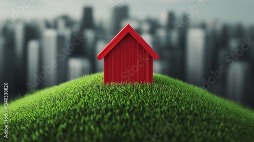 A vibrant red house situated on a lush green hill, surrounded by a blurred city skyline, representing urban life and nature's beauty.