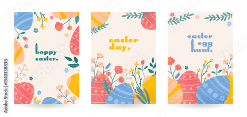 Happy Easter poster set. Holiday greeting background with eggs, flowers and leaves. Spring cute vector illustration in pink, yellow, blue colors