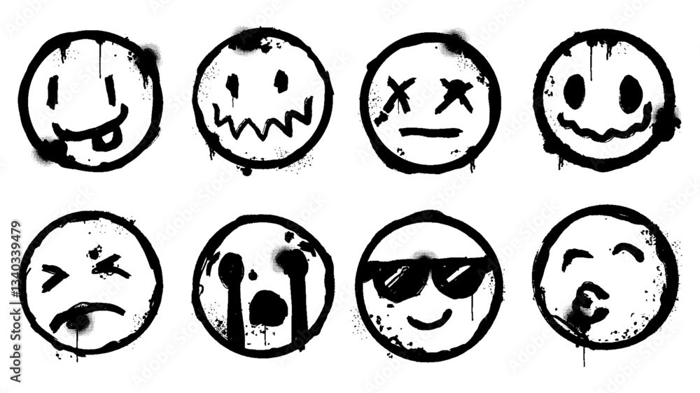 Fototapeta premium Graffiti smiling face emoticon sprayed collection set. Smiley face vector illustration.
