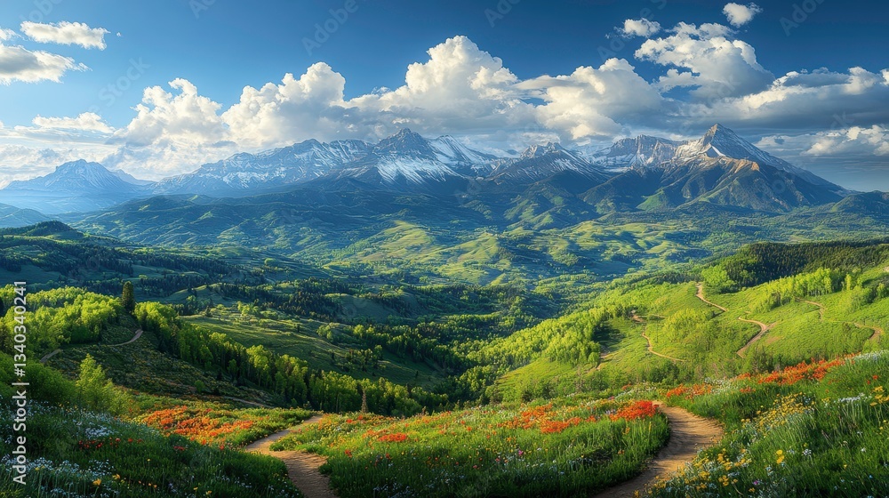 Naklejka premium Breathtaking mountain landscape rocky mountains nature photography lush greenery wide-angle view scenic beauty
