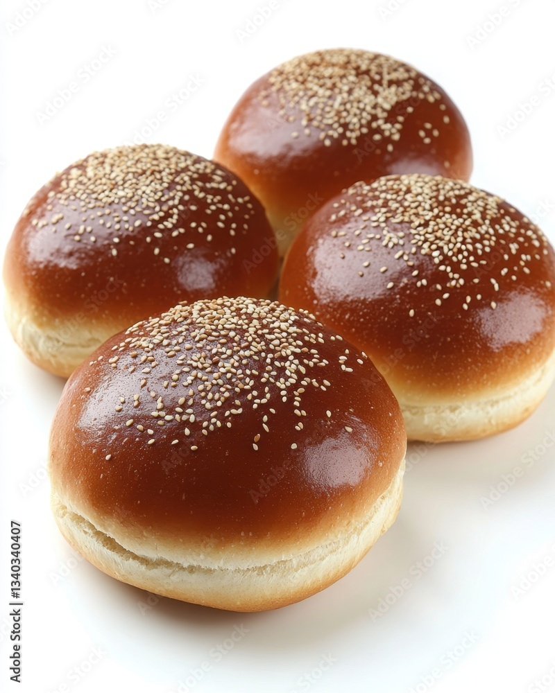 Four fresh baked sesame buns on a white table top with a soft lighting and a high angle shot Four fresh baked sesame buns on a white table top with a soft lighting and a high angle shot