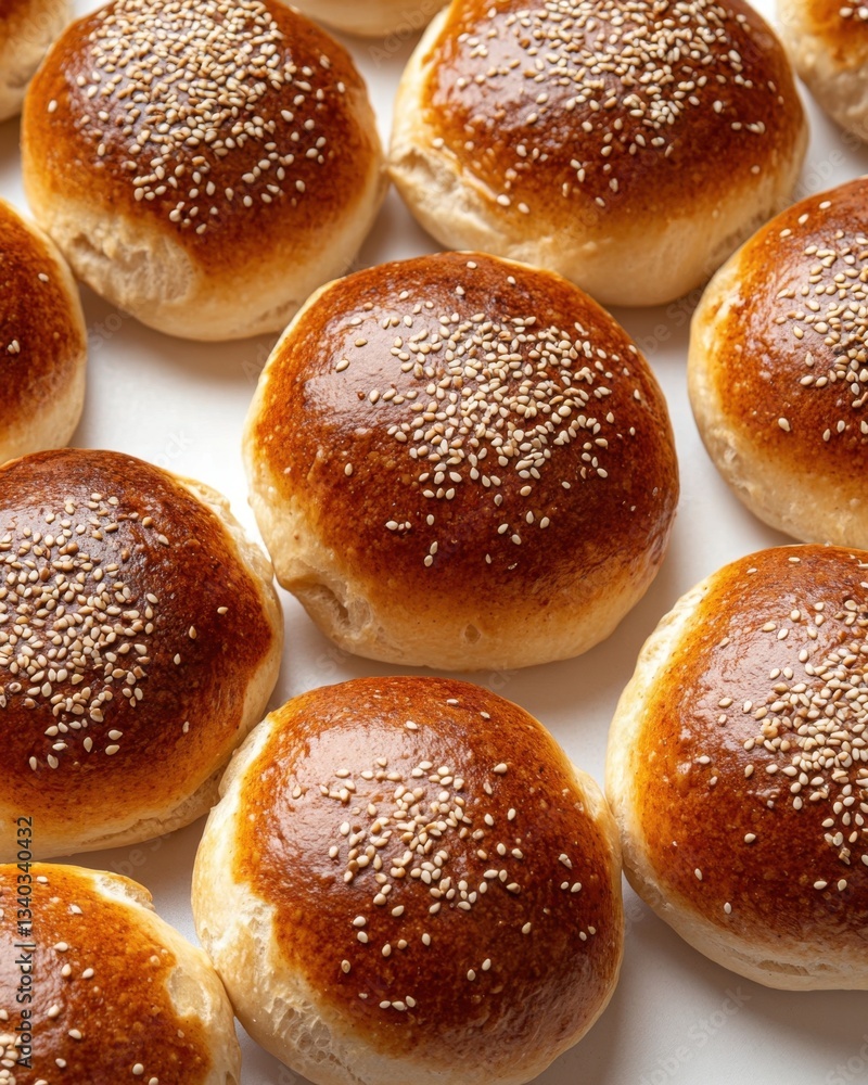 Freshly baked burger buns with sesame seeds on a white surface a close up shot for food photography Freshly baked burger buns with sesame seeds on a white surface a close up shot for food photography
