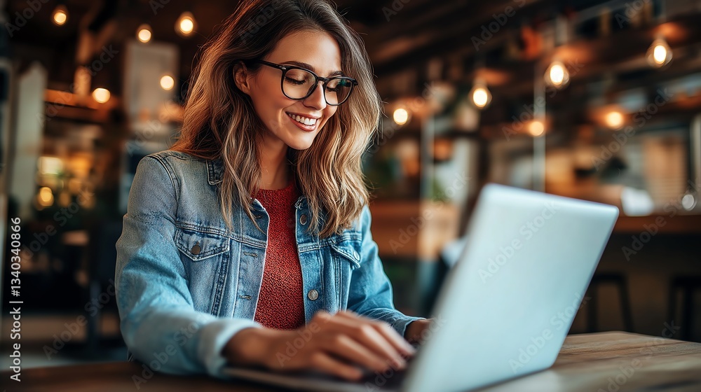 A young woman enjoys working on her laptop in a cozy cafe, surrounded by warm lighting and a comfortable atmosphere. A young woman enjoys working on her laptop in a cozy cafe, surrounded by warm lighting and a comfortable atmosphere.