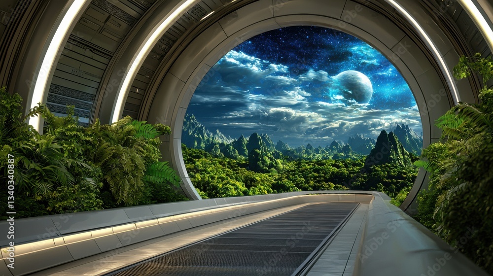 Fototapeta premium A fantastical archway leads to a lush otherworldly landscape dominated by towering mountains swirling clouds and a glowing moon creating a captivating scene of futuristic and wonder