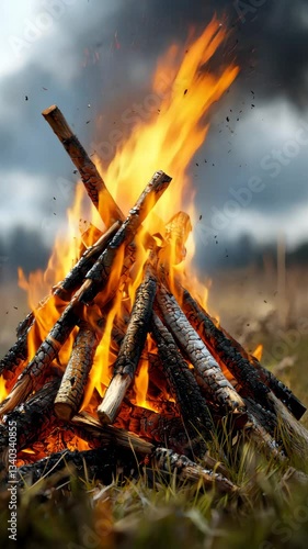 Bright Bonfire Burning in a Field Under a Cloudy Sky