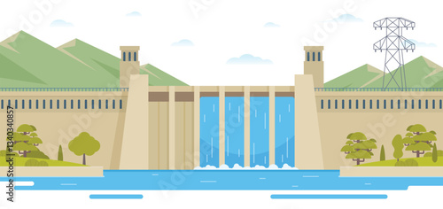 Hydroelectric dam with flowing water and environment. Editable Vector Illustration of a Renewable Energy Concept