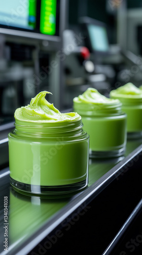 Wallpaper Mural Aloe Vera Skincare Cream Jars on Conveyor Belt in Cosmetic Facility
 Torontodigital.ca