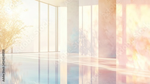 Modern Minimalist Indoor Swimming Pool with Sunlight and Pastel Colors for Relaxation and Wellbeing. A Tranquil Oasis. The Interior Space. The Architecture of a Stylish Interior Design featuring