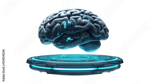 Artificial intelligence brain floating on futuristic pedestal with transparent background