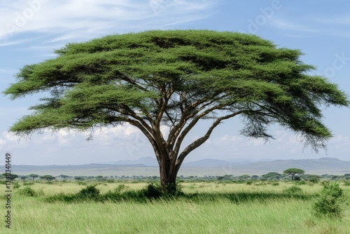 A beautiful tree in the Serengeti, with an acacia on top of it and mountains ...