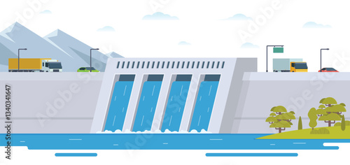 Hydroelectric dam with flowing water and environment. Editable Vector Illustration of a Renewable Energy Concept