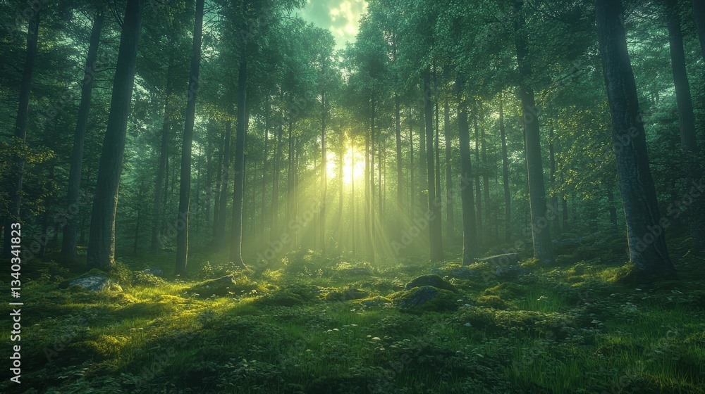 Fototapeta premium Sunlight streaming through lush forest canopy enchanted woodlands landscape photography serene environment nature's beauty
