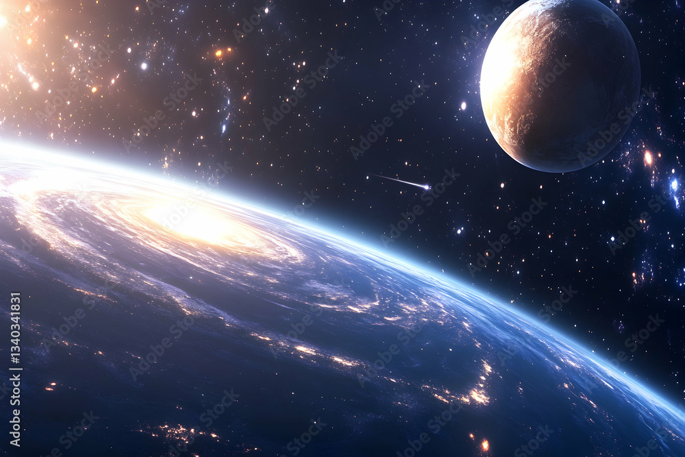 Naklejka premium Stunning cosmic view Earth's illuminated curve, a distant planet, and a shooting star streak across a star-dusted expanse.