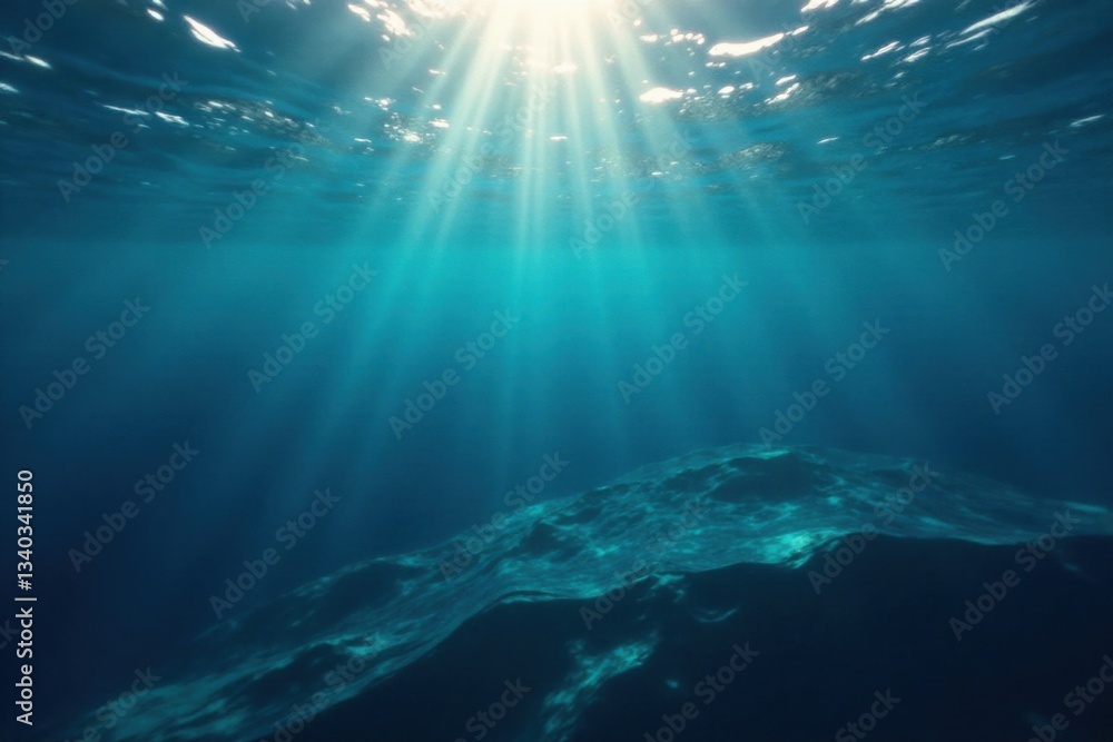 Fototapeta premium Deep ocean surface with dark blue hue, sunlight filtering down through waves, light penetration, aquatic scene