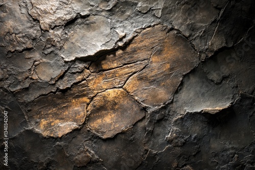 A fossilized tree bark impression on a large rock, with detailed textures highlighted by soft lighting