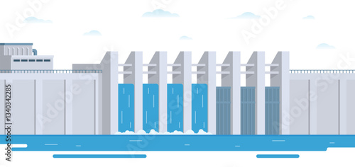 Hydroelectric dam with flowing water and environment. Editable Vector Illustration of a Renewable Energy Concept