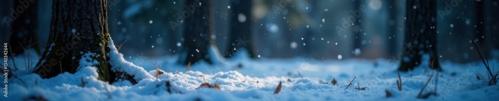 Fototapeta premium Delicate flakes of snow gently fall onto a dark and quiet forest floor, forest, leaf, frost