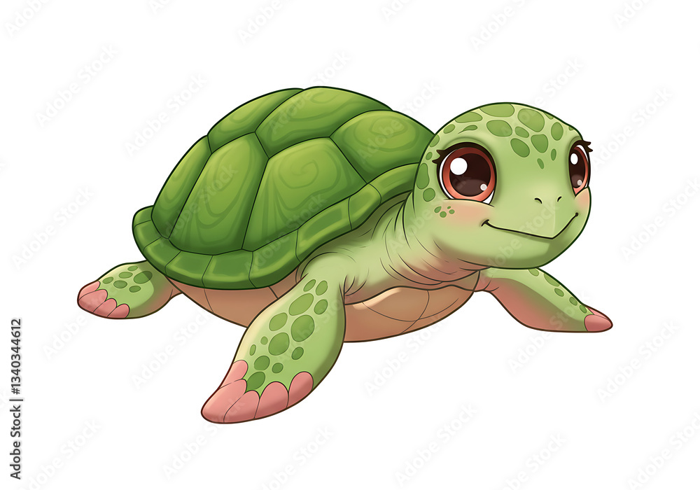 Fototapeta premium Adorable Cartoon Sea Turtle Illustration Green Shell Pink Flippers