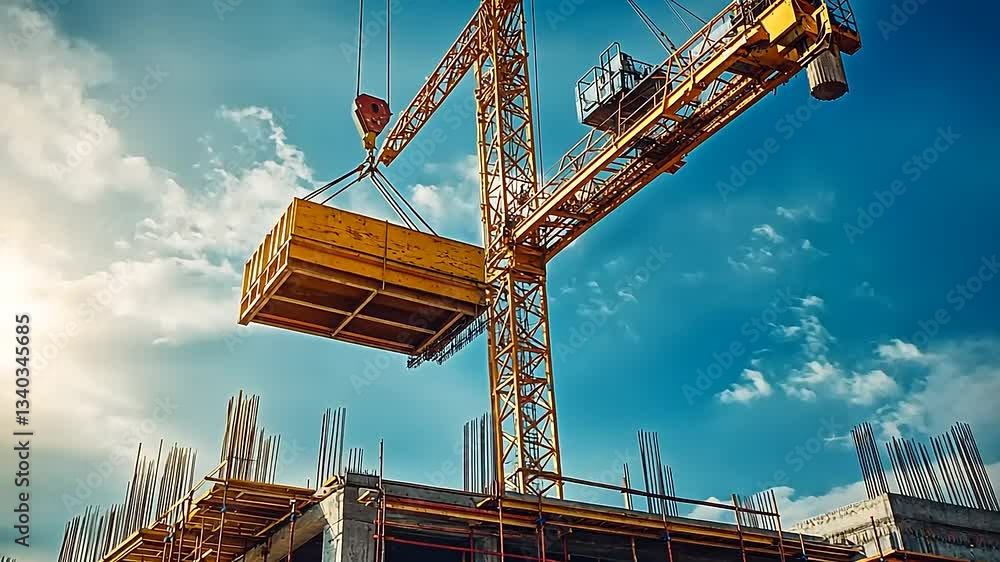 Construction crane lifting a yellow load at a building site under a bright sky with clouds
