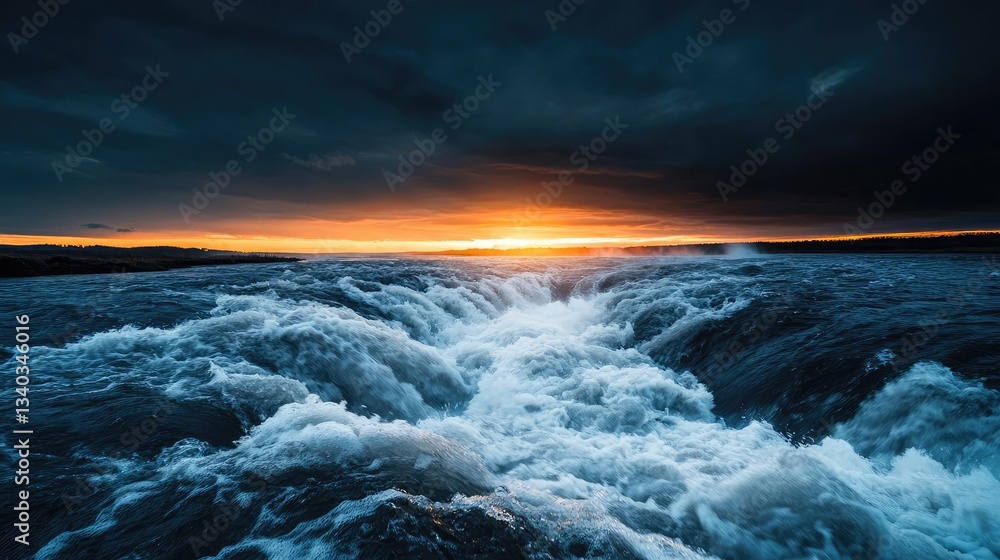 Fototapeta premium River rapids landscapes harmonious concept. A dramatic sunset over turbulent waters with dark clouds and vibrant colors.