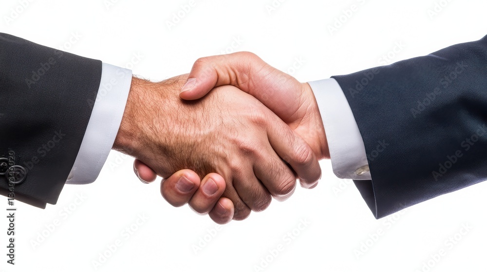 Two businessmen in formal attire shaking hands signifying a successful business agreement partnership or Two businessmen in formal attire shaking hands signifying a successful business agreement partnership or