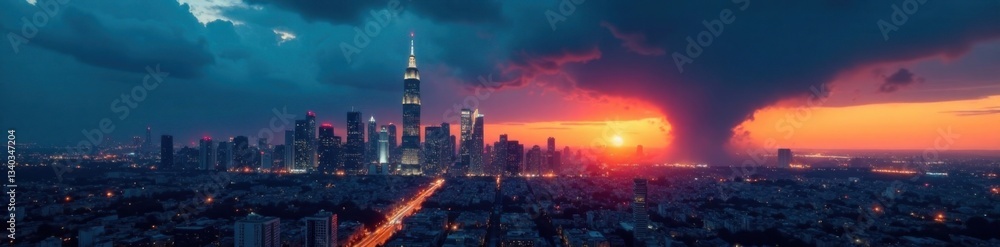 Fototapeta premium Edgy cityscape at dusk with towering skyscrapers and a dark ominous cloud, grungeaesthetic, citynightlife